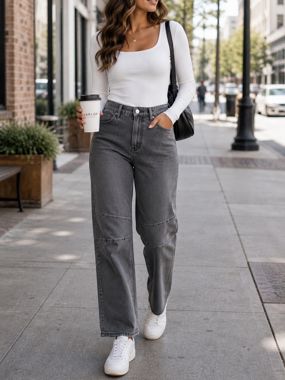 Zenana Gray Seamed Straight Leg Jeans Size L Stretch Denim